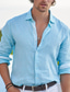 رخيصةأون قمصان الكتان الرجالية-رجالي قميص قميص كتان زر حتى القميص قميص الشاطئ أزرق كم طويل سهل Lapel ربيع &amp; الصيف فضفاض مناسب للبس اليومي ملابس