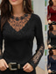 preiswerte Einfarbiges T-Shirt-Damen T Shirt Burgunderrotes T-Shirt Oberteil aus Mesh-Patchwork Spitzen-T-Shirt Spitze Patchwork Blumen Elegant Vintage Mode Langarm Rundhals Normale Oberteile Lässig Wochenende Schwarz Wein