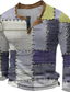 billige Grafisk T-skjorte til herrer-Ruter Faux Patchwork-mønster Designer Retro / vintage Fritid Herre 3D-utskrift Henly-skjorte Vaffel T-skjorte Sport &amp; Utendørs Ferie Festival T skjorte Blå Lilla Kakifarget Langermet Henley Skjorte