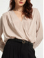 economico camicie, top e camicette-camicetta da donna a maniche lunghe, top casual essenziale da lavoro, camicetta avvolgente in raso beige con scollo a V