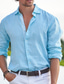 baratos camisas de linho masculinas-Homens Camisa Social camisa de linho camisa de botão camisa de praia Azul Manga Longa Tecido Lapela Primavera &amp; Outono Casual Diário Roupa