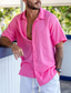 tanie lniane koszule męskie-Męskie Koszula lniana koszula Zapinana na guziki koszula Letnia koszula Koszula plażowa Rumiany róż Krótki rękaw Równina Klapa Lato Codzienny Hawajskie Odzież