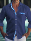 baratos camisas de linho masculinas-Homens Camisa Social camisa de linho camisa de botão camisa de verão camisa de praia Branco Azul Azul Escuro Manga Longa Folha Lapela Primavera Verão Casual Diário Roupa Patchwork