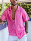 tanie lniane koszule męskie-Męskie Koszula lniana koszula Zapinana na guziki koszula Letnia koszula Koszula plażowa Rumiany róż Krótki rękaw Równina Klapa Lato Codzienny Hawajskie Odzież