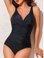 cheap One-piece swimsuits-Women&#039;s Swimsuit V-Neck Ruched One-Piece Sleeveless Stretch Fabric Solid Black Summer Beach Poolside Vacation Swimwear Tummy Control Bathing Suits