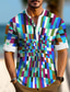 cheap Men&#039;s Printed Shirts-Plaid Men&#039;s Resort Hawaiian 3D Print Shirt Henley Shirt Daily Wear Vacation Going out Spring &amp; Fall Stand Collar Long Sleeve Blue Green Rainbow S M L Polyester Shirt