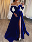 cheap Evening Dresses-TS A-Line Evening Gown Black Dress Dress Formal Masquerade Sweep / Brush Train Long Sleeve Off Shoulder Satin with Pearls Slit 2024