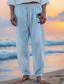 baratos calças de linho-calças de linho masculinas 40% calças de linho calças de verão calças de praia com cordão cintura elástica perna reta coqueiro respirável comprimento total férias praia moda casual azul marrom