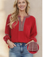 cheap Women&#039;s Blouses &amp; Shirts-Women&#039;s Tunic Designer Shirt Color Block Striped Embroidered Christmas New Year Work Bohemian Style Mature Long Sleeve V Neck Red Spring &amp;  Fall