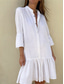 cheap Design Cotton &amp; Linen Dresses-Women&#039;s White Dress Shirt Dress Midi Dress Ruffle Button Basic Casual Daily Stand Collar 3/4 Length Sleeve Summer Spring Black White Plain