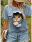 cheap Animals tee-Women&#039;s T shirt Cute Kitten Peekaboo Graphic Crew Neck Short Sleeve Casual Daily Wear Soft Comfortable Unique Print Top Blue Regular and Plus Size
