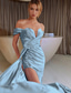 cheap Evening Dresses-TS Mermaid / Trumpet Evening Gown Party Dress Formal Wedding Guest Floor Length Short Sleeve Off Shoulder Satin with Ruched Slit 2024