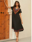 cheap Cocktail Dress-Women&#039;s Ethnic Embroidered Kaftan Dress V-Neck Short Sleeve Summer Bohemian Black with Floral Geometric Embroidery Casual Beach Festival Loose Fit Apparel