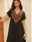 cheap Cocktail Dress-Women&#039;s Ethnic Embroidered Kaftan Dress V-Neck Short Sleeve Summer Bohemian Black with Floral Geometric Embroidery Casual Beach Festival Loose Fit Apparel