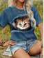 cheap Animals tee-Women&#039;s T shirt Cute Kitten Peekaboo Graphic Crew Neck Short Sleeve Casual Daily Wear Soft Comfortable Unique Print Top Blue Regular and Plus Size