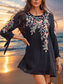 ieftine rochie mini neagra-Pentru femei Brodat Rochie neagra Rochie Mini Bumbac Clasic Boho Floral Stil Nautic Manșon Lung Zilnic Vară Primăvară Negru