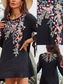 ieftine rochie mini neagra-Pentru femei Brodat Rochie neagra Rochie Mini Bumbac Clasic Boho Floral Stil Nautic Manșon Lung Zilnic Vară Primăvară Negru