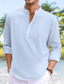 cheap Men&#039;s Linen Shirts-Men&#039;s Shirt Linen Shirt Popover Shirt Summer Shirt Beach Shirt Black White Blue Long Sleeve Plain Band Collar Spring &amp; Summer Casual Daily Clothing Apparel
