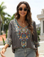 cheap Boho tee-Women&#039;s EU / US Size Shirt Floral Stylish Casual 3/4 Length Sleeve V Neck Regular Tops Daily Embroidered Black White Red Sky Blue Purple Summer Spring Fall