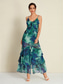 cheap Print Casual Dress-Chiffon Wedding Guest Floral Ruffle Split Ends Sleeveless Maxi Dress