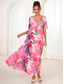 cheap Print Dresses-Women&#039;s A Line Dress Tiered Dress Casual Leaf Maxi Dress Short Sleeve V Neck Ruffle Loose Fit Vacation Pink Summer