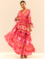 cheap Print Dresses-Women&#039;s Polyester Graphic Tiered Bow V Neck Puff Sleeve Maxi Dress Elegant Stylish Vacation 3/4 Length Sleeve Summer