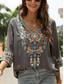 cheap Boho tee-Women&#039;s EU / US Size Shirt Floral Stylish Casual 3/4 Length Sleeve V Neck Regular Tops Daily Embroidered Black White Red Sky Blue Purple Summer Spring Fall