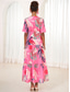 cheap Print Dresses-Women&#039;s A Line Dress Tiered Dress Casual Leaf Maxi Dress Short Sleeve V Neck Ruffle Loose Fit Vacation Pink Summer