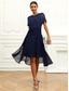 cheap Night Dresses-Women&#039;s Wedding Guest Cocktail Dress Chiffon Lace Ruched Crew Neck Short Sleeve Midi Dress Party Elegant Formal Dark Blue Summer