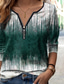billiga Konst &amp; Design t-shirt-Dam T-shirt Färggradient Mode Långärmad V-hals Halv dragkedja Vanliga toppar Dagligen Helgen Mönster Fjärdedels blixtlås Rubinrött Blå Grön Vår &amp; Höst