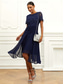 cheap Night Dresses-Women&#039;s Wedding Guest Cocktail Dress Chiffon Lace Ruched Crew Neck Short Sleeve Midi Dress Party Elegant Formal Dark Blue Summer