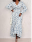 abordables Robes fleuries élégantes-robe de soirée femme florale à volants col en V robe longue maxi robe élégante élégante quotidienne à manches longues automne