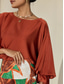 abordables camisas, tops y blusas-Blusa de satén marrón con cuello redondo y mangas abullonadas