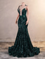 preiswerte GRÜN-Meerjungfrau Abendkleid Elegantes Kleid Abendparty Black Tie Gala Gericht Zug Ärmellos Juwel-Ausschnitt Afroamerikanisch Pailletten mit Pailletten Maskerade Kleid 2025