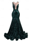 preiswerte GRÜN-Meerjungfrau Abendkleid Elegantes Kleid Abendparty Black Tie Gala Gericht Zug Ärmellos Juwel-Ausschnitt Afroamerikanisch Pailletten mit Pailletten Maskerade Kleid 2025