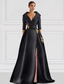 cheap Evening Dresses-Black A-Line Evening Gown Elegant Dress Formal Floor Length 3/4 Length Sleeve Shirt Collar Pocket Satin with Appliques dress to impress 2025