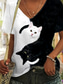 cheap Animals tee-Women&#039;s T Shirt Basic Casual Color Block Cat Print Short Sleeve Regular Tops V Neck Daily Black and White Blue Orange Summer