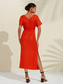 cheap Casual Dress-Women&#039;s Tencel Linen Orange Red V Neck Shirred Wrap Midi Dress