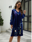 cheap Casual Floral Dresses-Women&#039;s Casual Dress Midi Dress Embroidered with Sleeve Valentine&#039;s Day Work Date Elegant Basic V Neck Long Sleeve Bishop Sleeve Blue Color