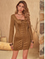 voordelige Elegante bloemenjurken-Vrouwen Boho Jurk Casual Bodycon Mini Jurk Vetersluiting Kwastjes Franje Date Vakantie Vintage Etnisch Vierkraag Lange Mouw Bruin Kleur Lente Zomer