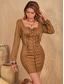 voordelige Elegante bloemenjurken-Vrouwen Boho Jurk Casual Bodycon Mini Jurk Vetersluiting Kwastjes Franje Date Vakantie Vintage Etnisch Vierkraag Lange Mouw Bruin Kleur Lente Zomer