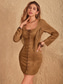 voordelige Elegante bloemenjurken-Vrouwen Boho Jurk Casual Bodycon Mini Jurk Vetersluiting Kwastjes Franje Date Vakantie Vintage Etnisch Vierkraag Lange Mouw Bruin Kleur Lente Zomer