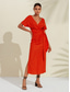 cheap Casual Dress-Women&#039;s Tencel Linen Orange Red V Neck Shirred Wrap Midi Dress