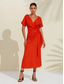 cheap Casual Dress-Women&#039;s Tencel Linen Orange Red V Neck Shirred Wrap Midi Dress