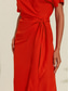 cheap Casual Dress-Women&#039;s Tencel Linen Orange Red V Neck Shirred Wrap Midi Dress