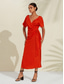 cheap Casual Dress-Women&#039;s Tencel Linen Orange Red V Neck Shirred Wrap Midi Dress