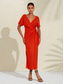 cheap Casual Dress-Women&#039;s Tencel Linen Orange Red V Neck Shirred Wrap Midi Dress