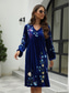 cheap Casual Floral Dresses-Women&#039;s Casual Dress Midi Dress Embroidered with Sleeve Valentine&#039;s Day Work Date Elegant Basic V Neck Long Sleeve Bishop Sleeve Blue Color