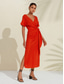 cheap Casual Dress-Women&#039;s Tencel Linen Orange Red V Neck Shirred Wrap Midi Dress