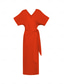 cheap Casual Dress-Women&#039;s Tencel Linen Orange Red V Neck Shirred Wrap Midi Dress